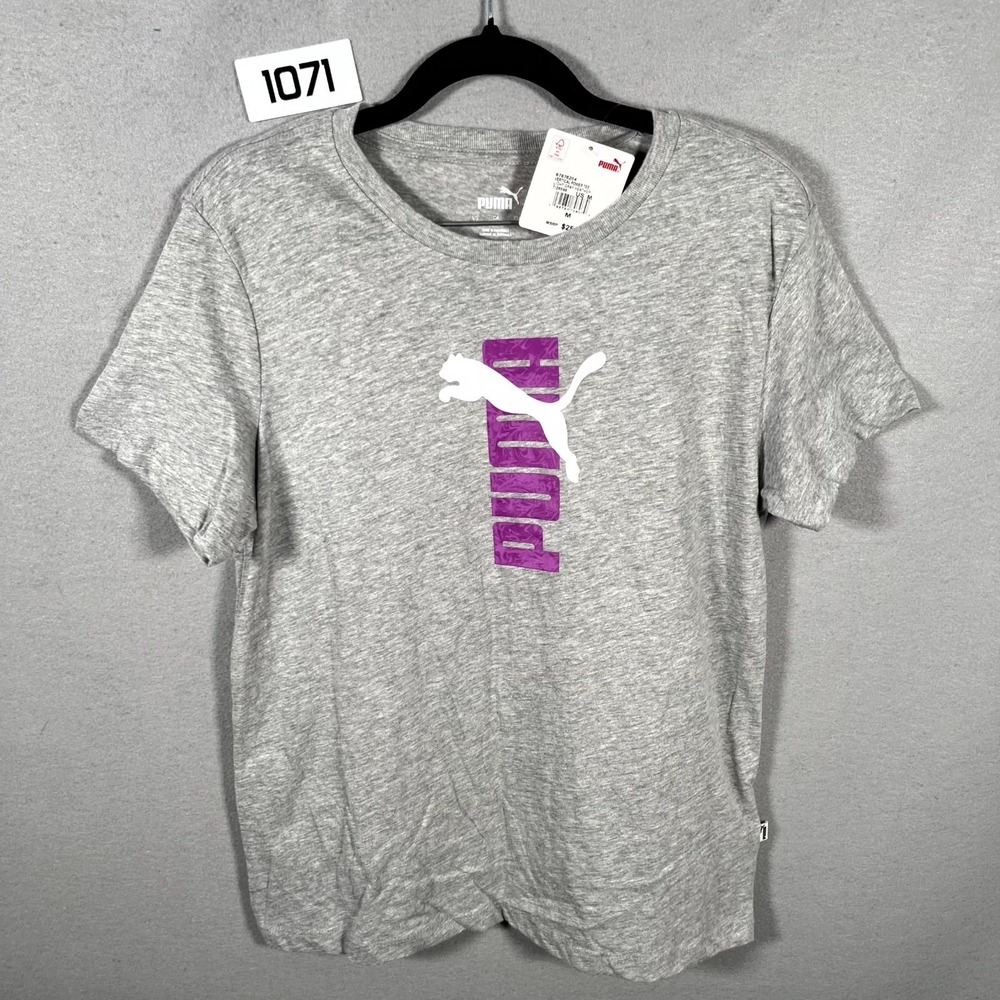 Puma T Shirt Mens Medium Heather Gray Vertical Logo Round Neck Short Sleeve